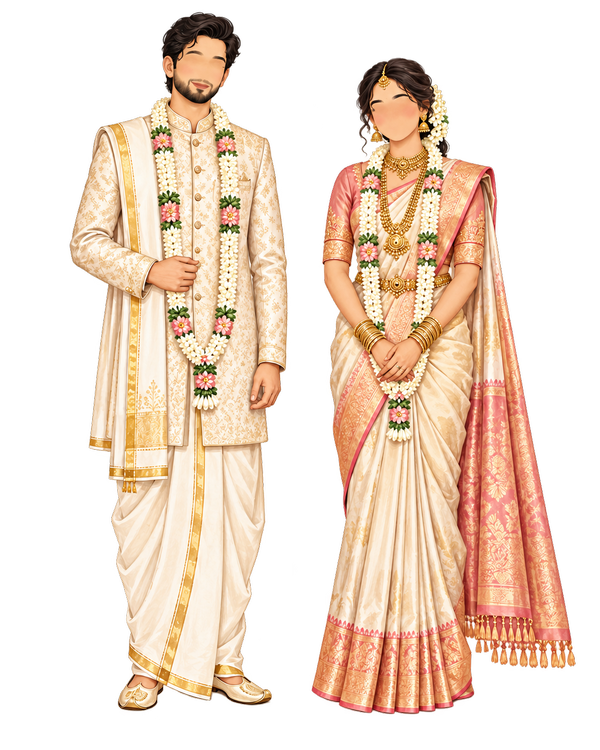 Illustrated Telugu wedding couple in traditional attire